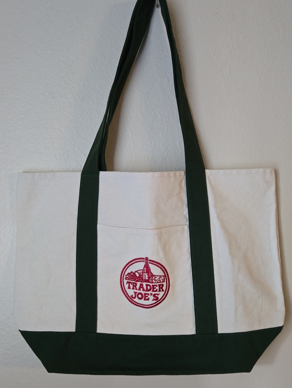 Trader Joe’s Large Canvas Tote Bag Dark Forest Green Red Logo Grocery Market